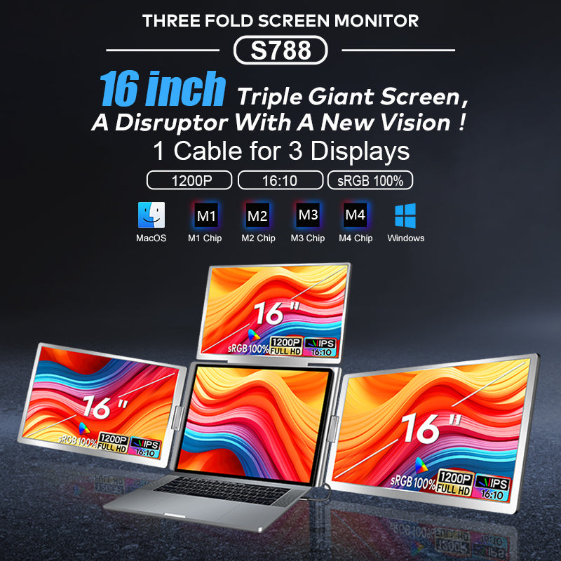 Trion 16" FHD Portable Monitor Quad Screen with One-Cable Triple Display Screen Extender for Laptops (Win10+, Mac M1/M2/M3) (AU Version)
