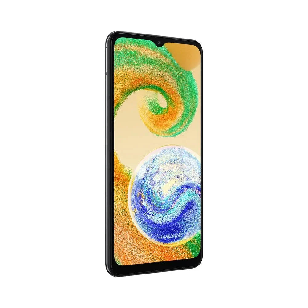 Samsung Galaxy A04s black displayed flat showing screen and body