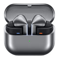 Samsung Galaxy Buds3 Pro earbuds in silver color with a charging case open, displaying the earbuds inside.