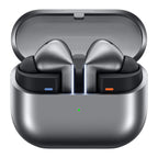 Samsung Galaxy Buds3 Pro earbuds in silver color with a charging case open, displaying the earbuds inside.