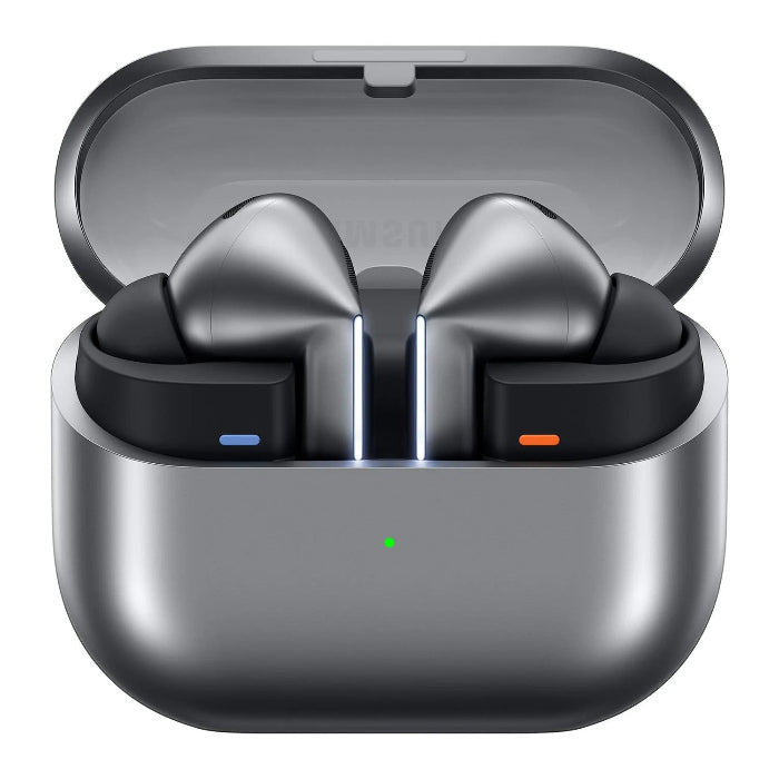 Samsung Galaxy Buds3 Pro earbuds in silver color with a charging case open, displaying the earbuds inside.