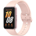 Samsung Galaxy Fit3 fitness watch with a black silicone band and a black case displaying time and various health tracking metrics.