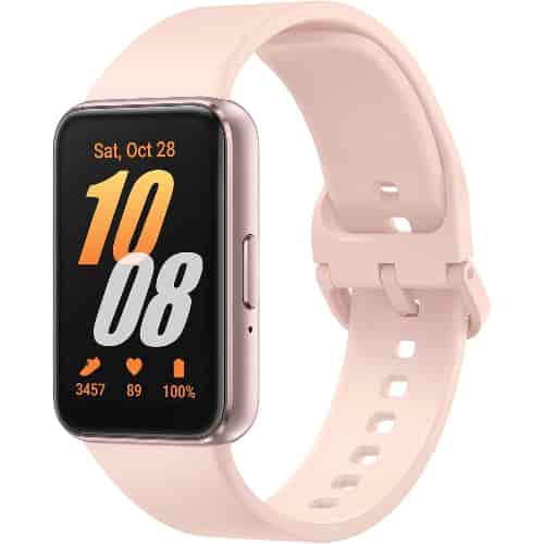 Samsung Galaxy Fit3 fitness watch with a black silicone band and a black case displaying time and various health tracking metrics.