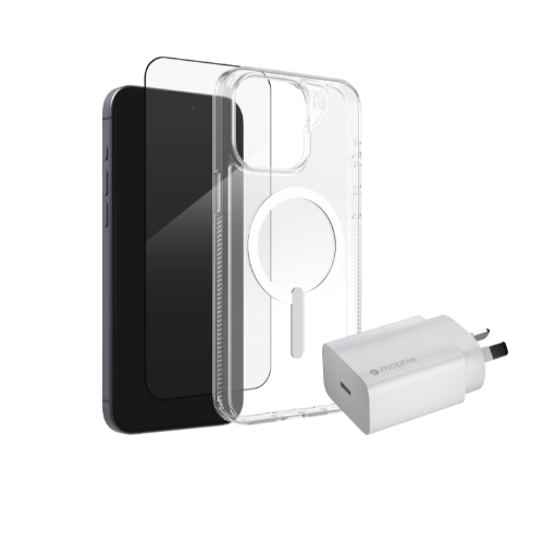 ZAGG Starter Bundle for iPhone 15 Pro Max with clear case screen protector and 20W Charger