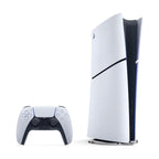White PlayStation 5 Digital Edition Slim console with DualSense controller, front view