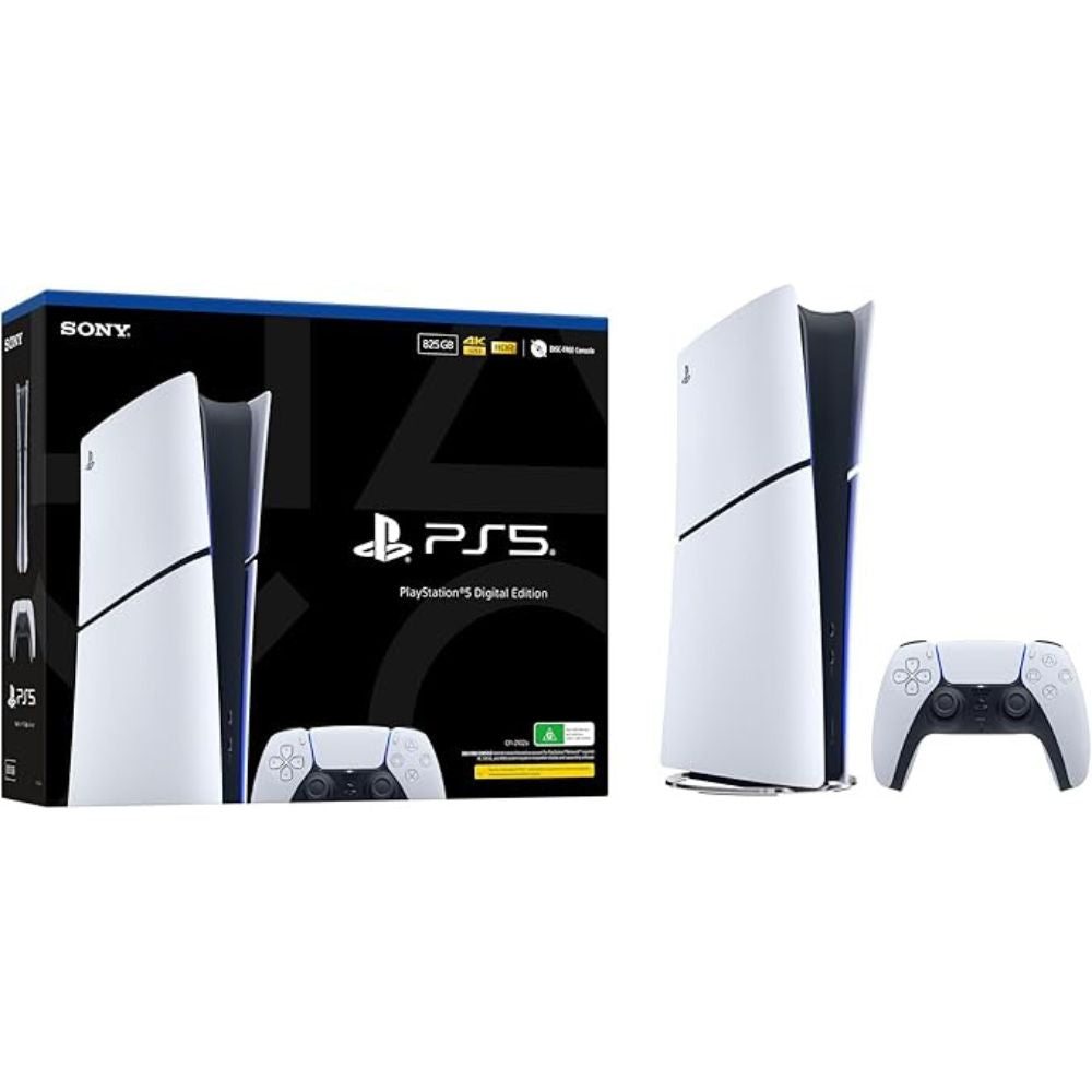 PS5 Slim Digital Edition beside DualSense controller on neutral background