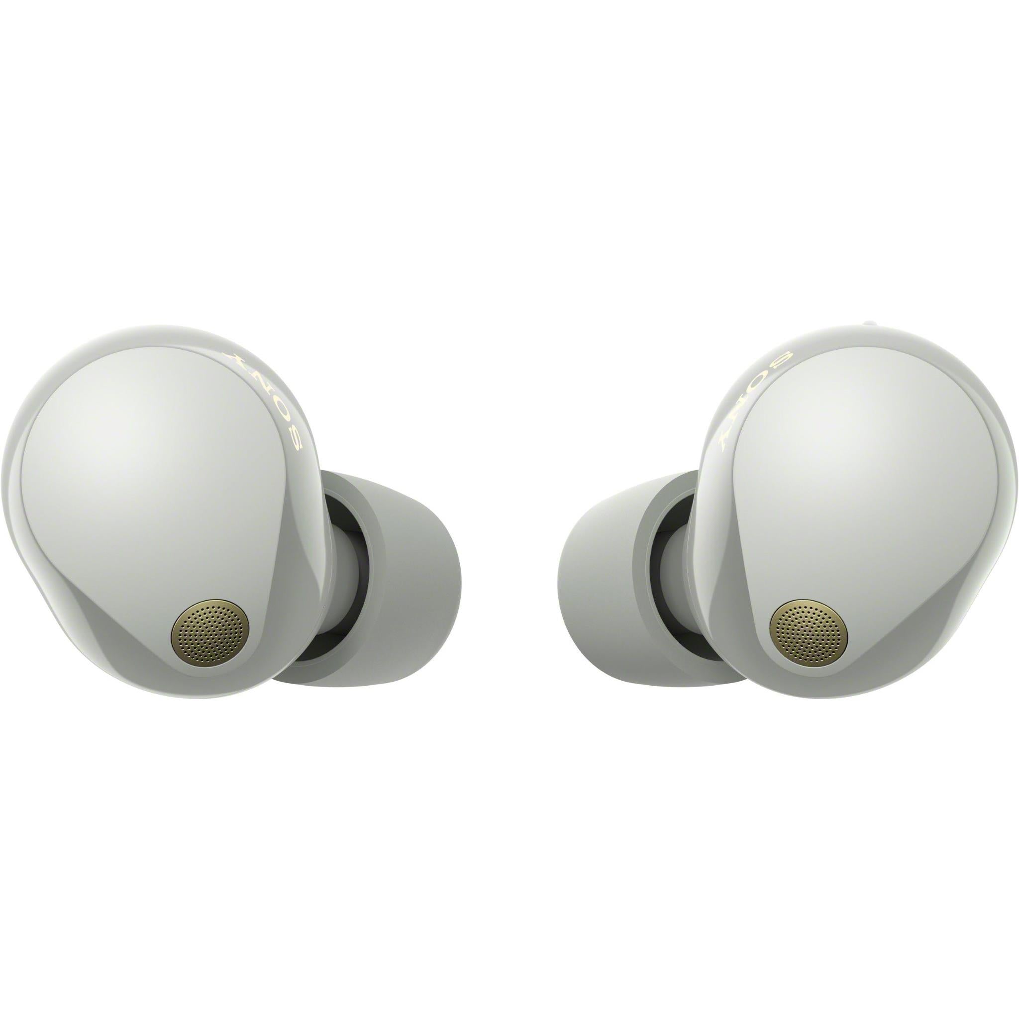 Side-angle of silver WF-1000XM5 showing earbud shell and charging case texture