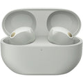 Silver Sony WF-1000XM5 earbuds shown front view with both earbuds and case