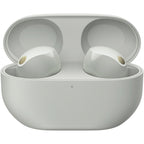 Silver Sony WF-1000XM5 earbuds shown front view with both earbuds and case