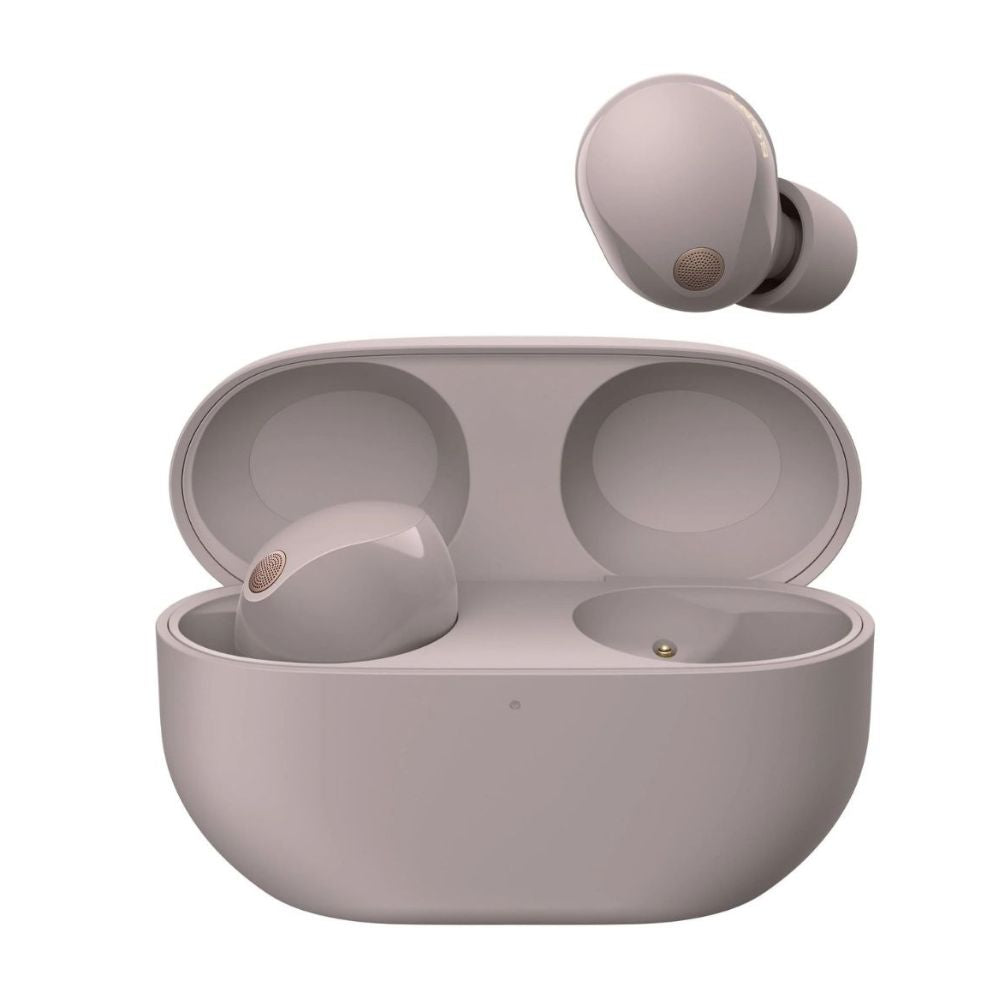 Sony WF-1000XM5 pink earbuds with charging case visible on white background