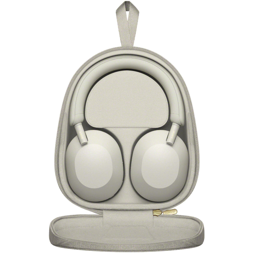 Top/front view of silver WH-1000XM5 showing headband and earcup shape