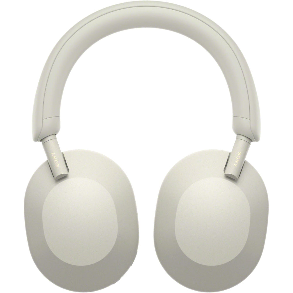 Silver WH-1000XM5 shown flat showing earcups and headband finish