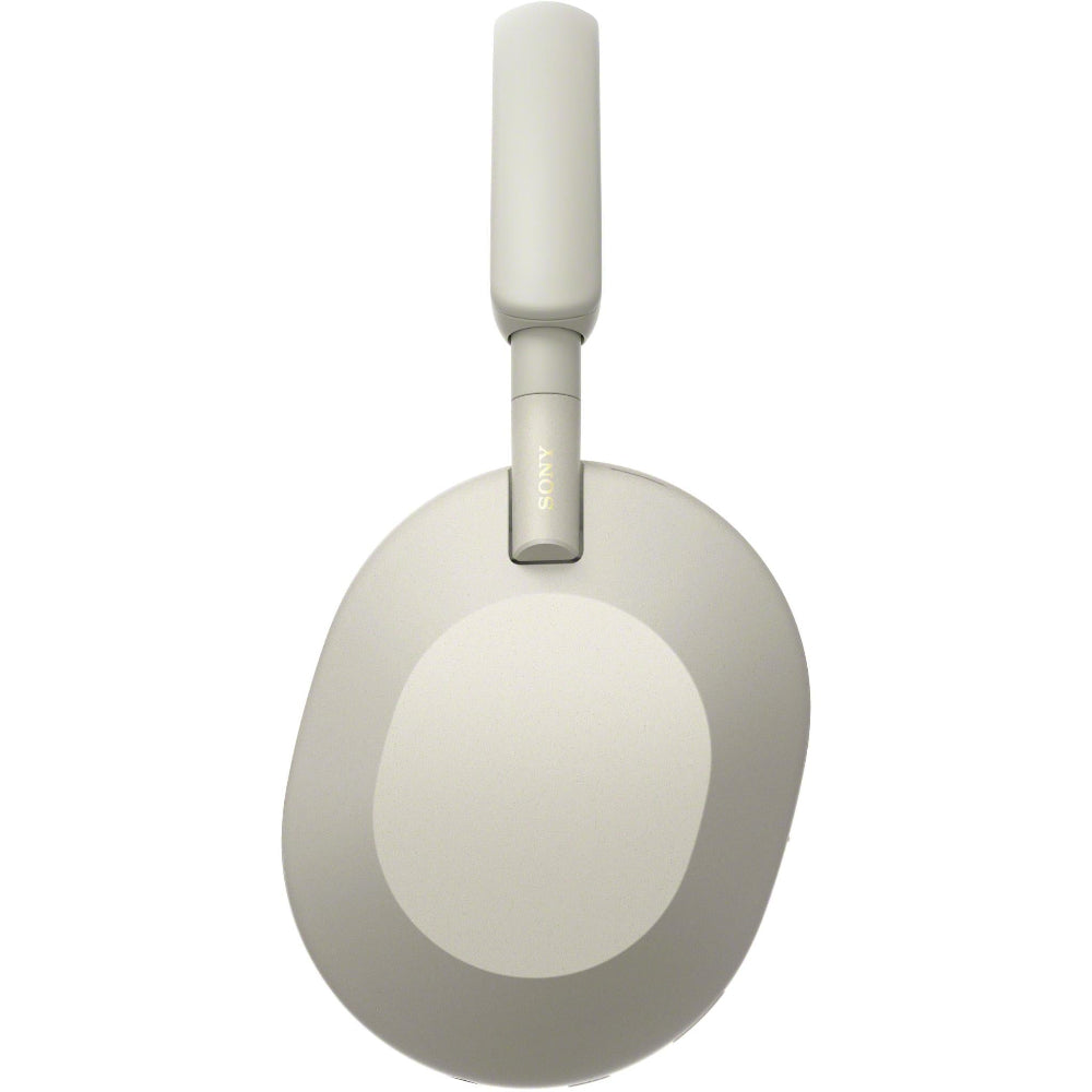 Slight tilt of silver WH-1000XM5 showing earcup and headset frame