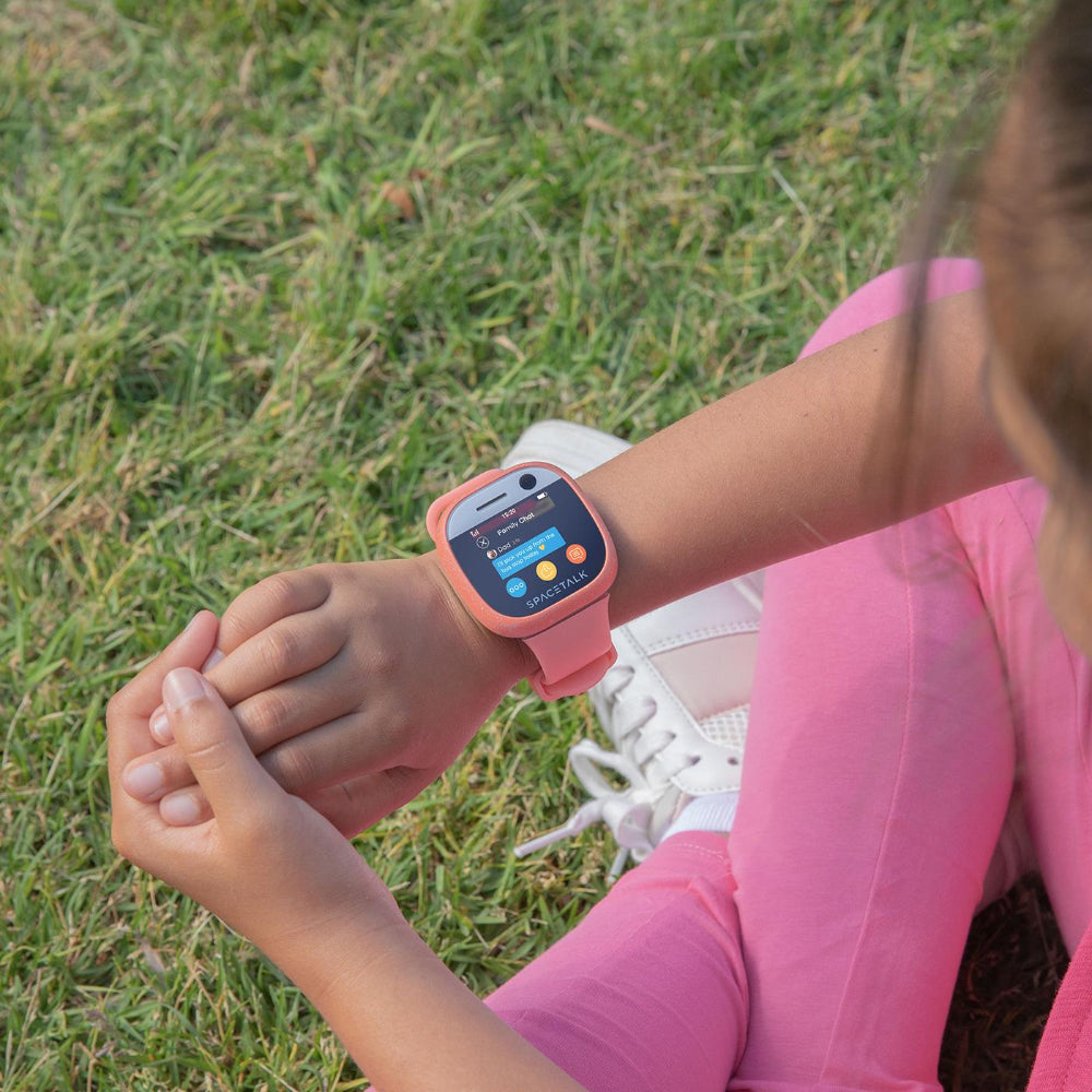 Coral SpaceTalk Adventurer smartwatch front-angle with screen on