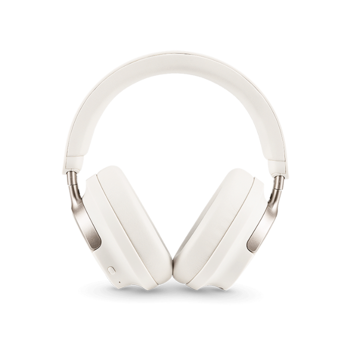 White headphones shown side‑angle highlighting earcup and band join
