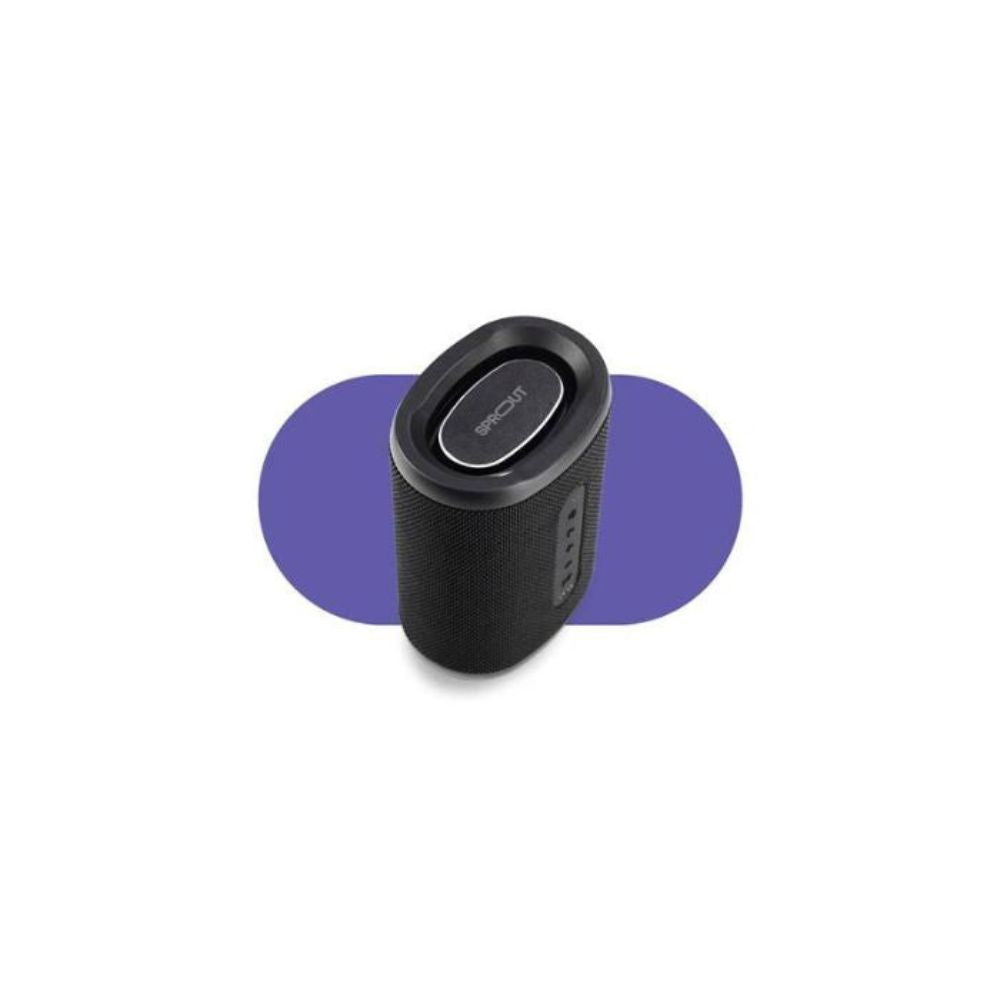 Small black Soundwave speaker angled on white