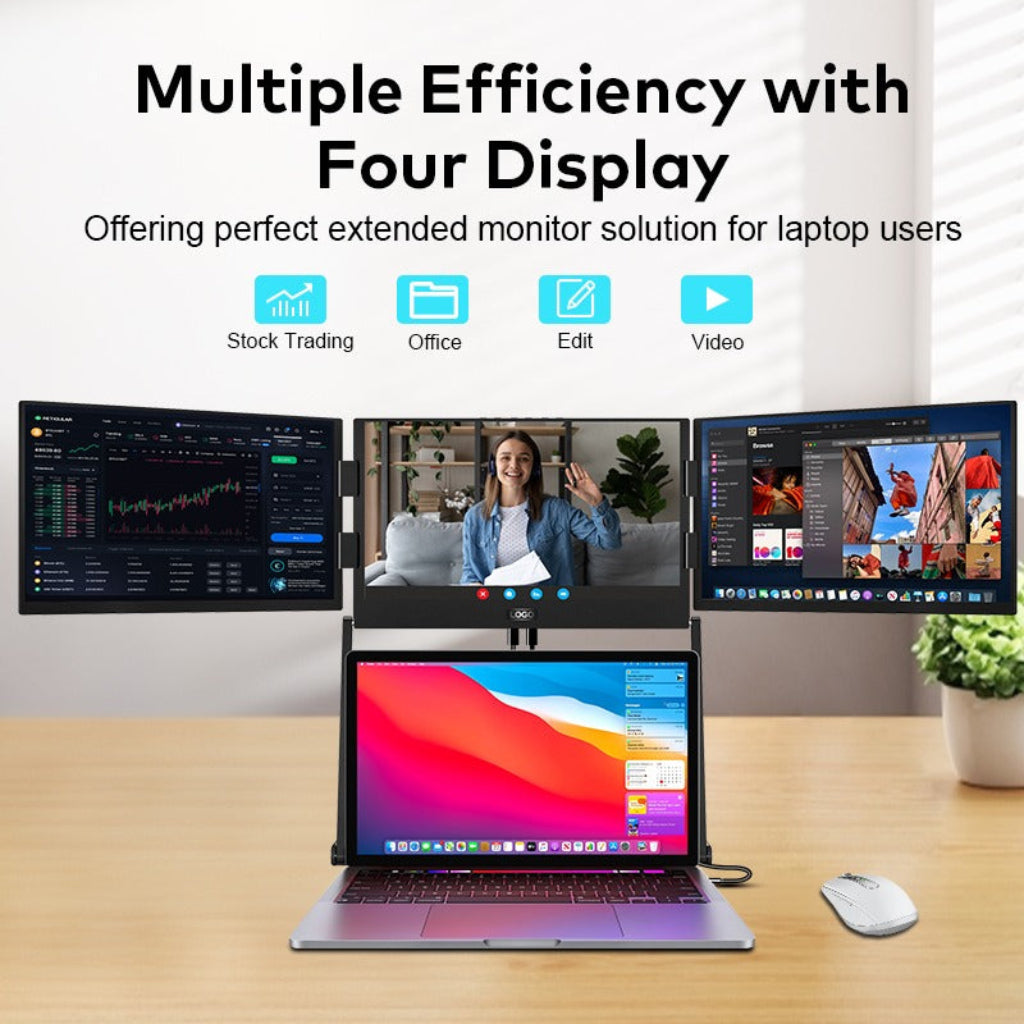 Trion Quad Monitor 15.6" Portable T Shape Laptop Screen Extender, Triple Full HD IPS 1920x1080, USB-C and Thunderbolt Compatible, for Remote Work, Trading, and Multitasking - Pristine - Refurbished Trion