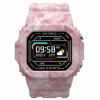 Pink camouflage Tristar I2 smartwatch showing notifications and time