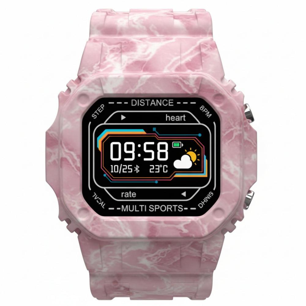 Pink camouflage Tristar I2 smartwatch showing notifications and time