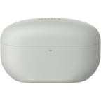 Silver WF-1000XM5 earbuds angled to show earbud body and charging case finish