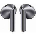 Silver wireless earbuds on a white background