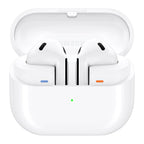 Samsung Galaxy Buds3 wireless earbuds in silver color, with a charging case open, showing the earbuds inside.