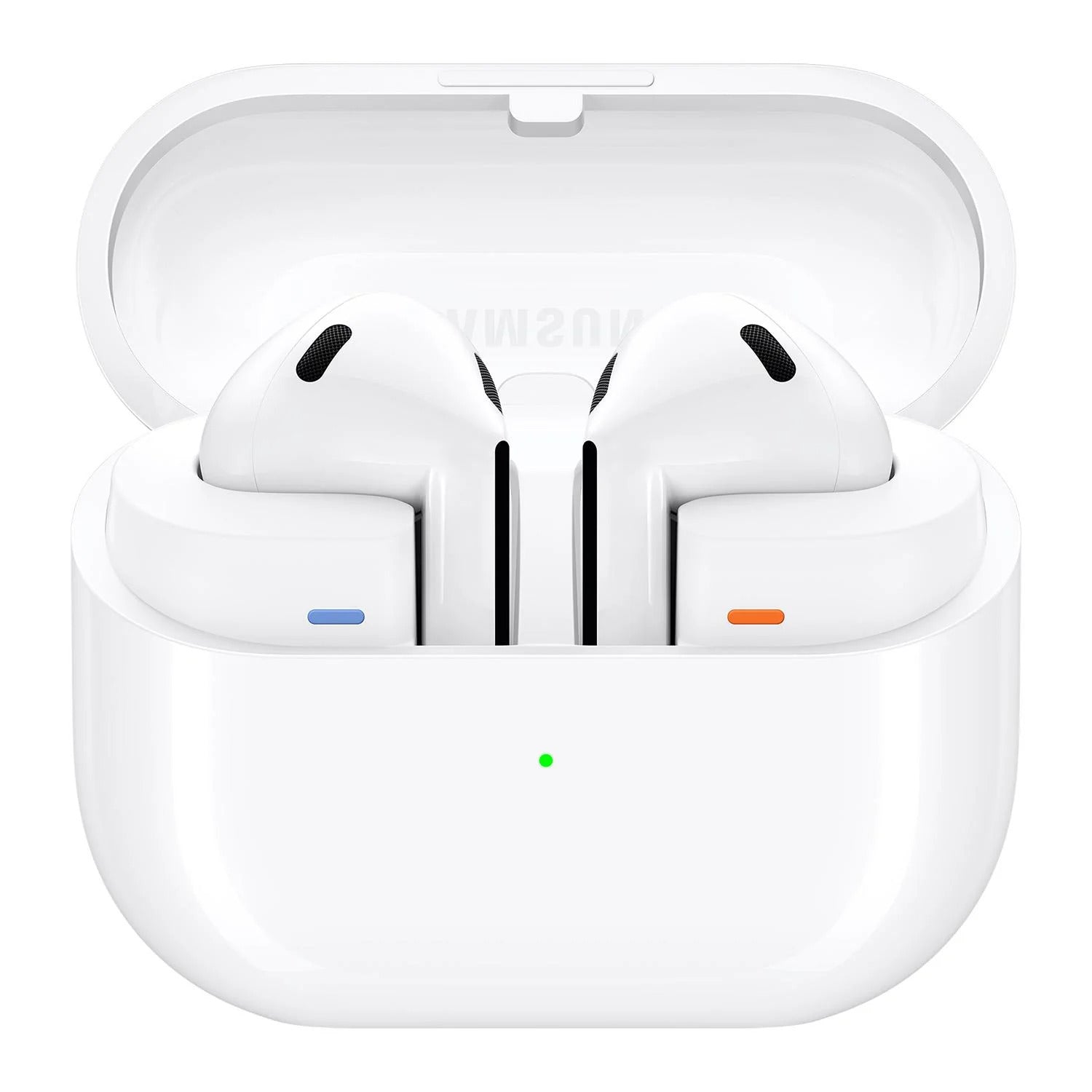 Samsung Galaxy Buds3 wireless earbuds in silver color, with a charging case open, showing the earbuds inside.