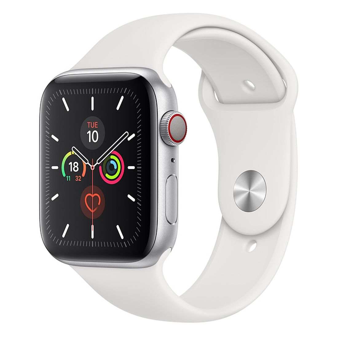 Apple Watch Series 5 44mm Silver Aluminum Case (GPS + Cellular) w/ White Sport Band - Excellent - Refurbished (AU Version)