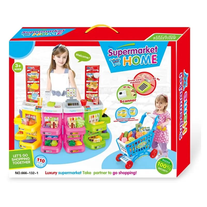 Toy cash register playset for kids featuring lights, music, and a simulated supermarket experience.
