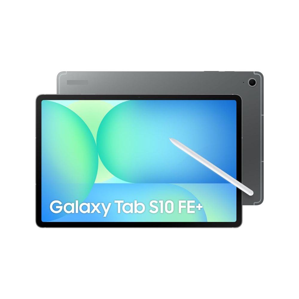 Galaxy Tab S10 FE+ Gray tablet in landscape mode streaming video with dual speakers visible

