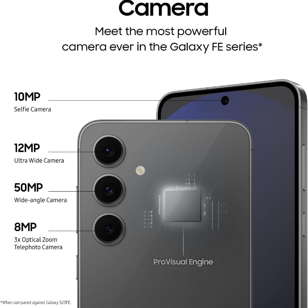 Night cityscape photo displayed on Galaxy S24 FE screen to showcase AI Nightography capabilities.