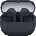 Samsung Galaxy Buds3 FE Black earbuds placed next to the closed charging case, emphasizing compact and portable design.