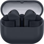 Samsung Galaxy Buds3 FE Black earbuds placed next to the closed charging case, emphasizing compact and portable design.