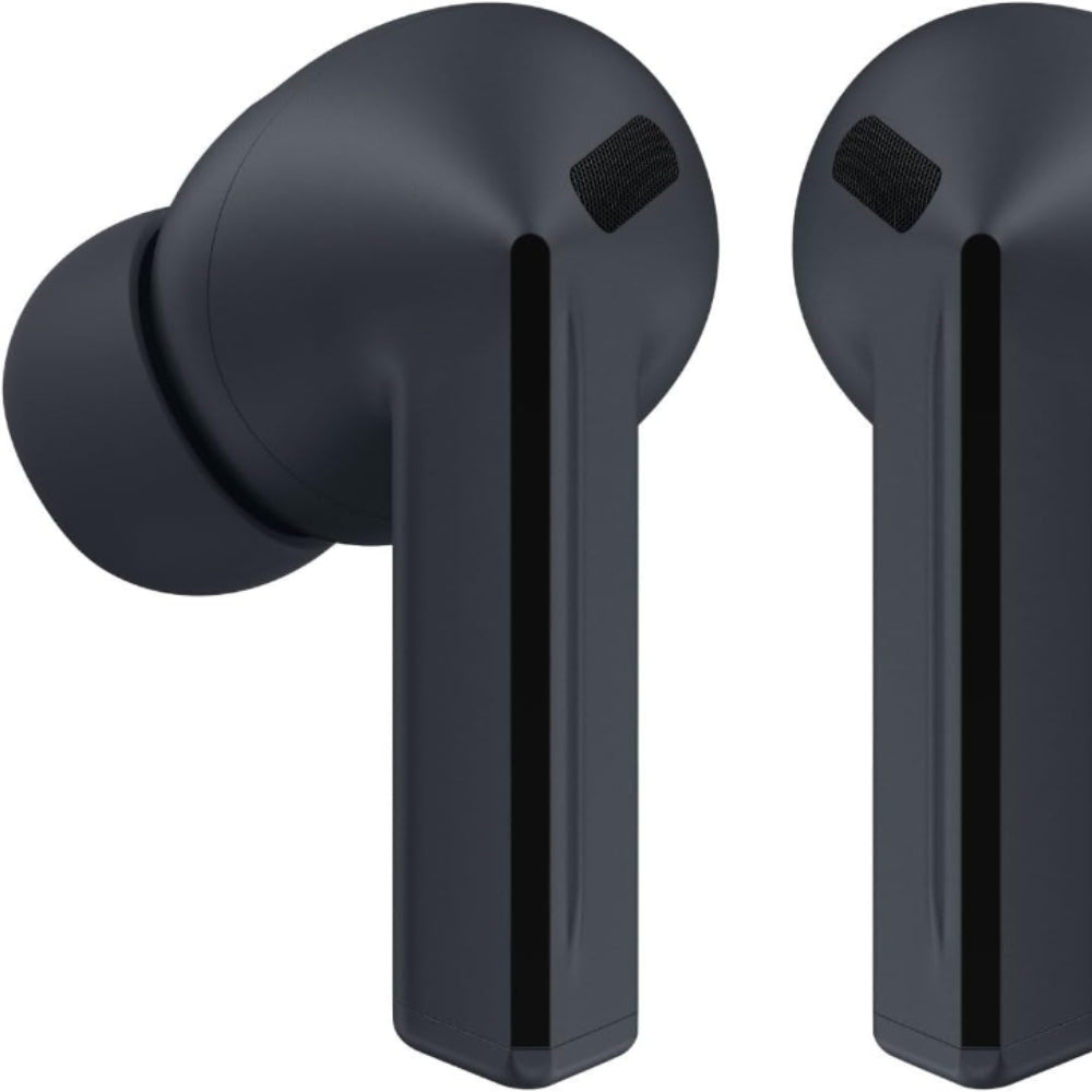 Person wearing Samsung Galaxy Buds3 FE True Wireless Earbuds – Black, demonstrating secure fit and everyday use.