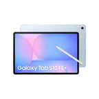 Samsung Galaxy Tab S10 FE+ Plus Light Blue held in hands in landscape mode streaming a movie.
