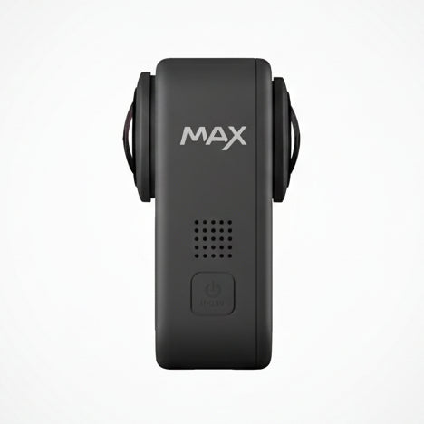 Close-up of GoPro MAX 360 Action Camera Black lenses and status screen

