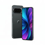 Google Pixel 10 Obsidian lying flat on table next to USB‑C cable and retail box.
