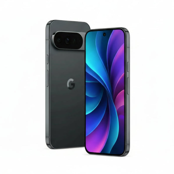 Google Pixel 10 Obsidian lying flat on table next to USB‑C cable and retail box.
