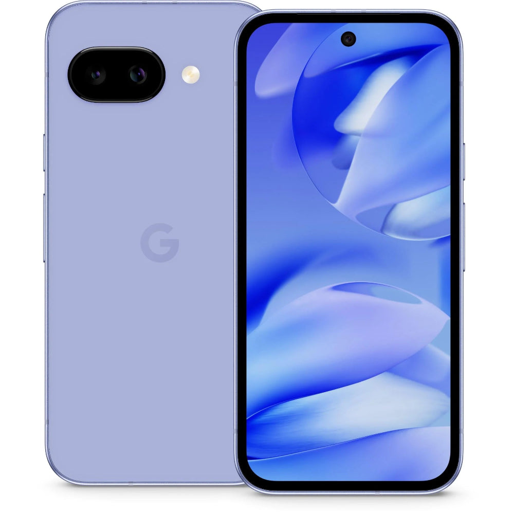 Group of four Google Pixel 9a phones fanned out to display Obsidian, Porcelain, Peony and Iris colours.