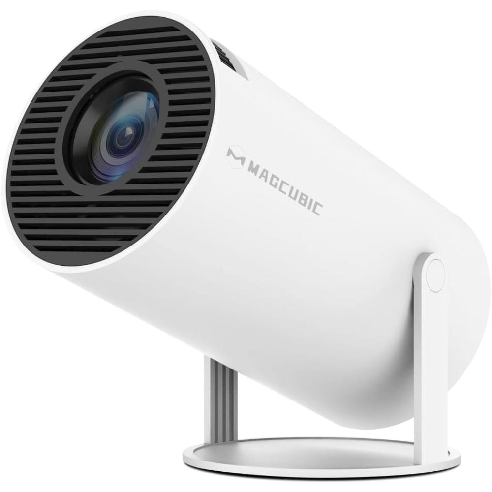 Front view of HY300 Pro white smart projector with 4K decoding