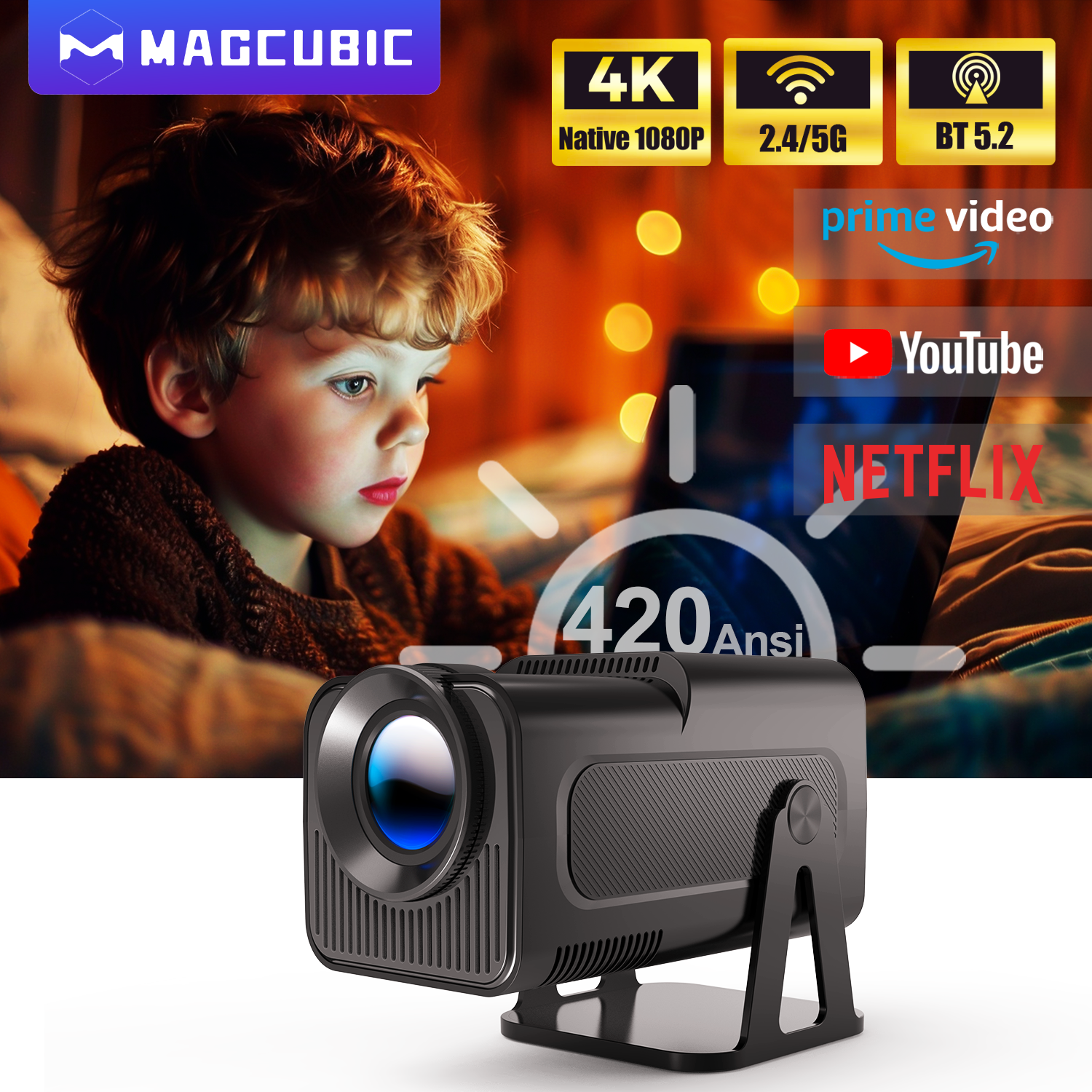 Magcubic HY320 NTV projector interface showing Prime Video playback screen

