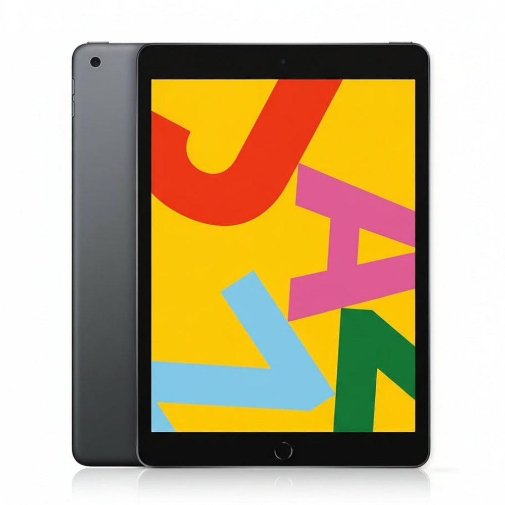 Refurbished iPad 7th Gen (Space Gray) – front-facing view with screen on