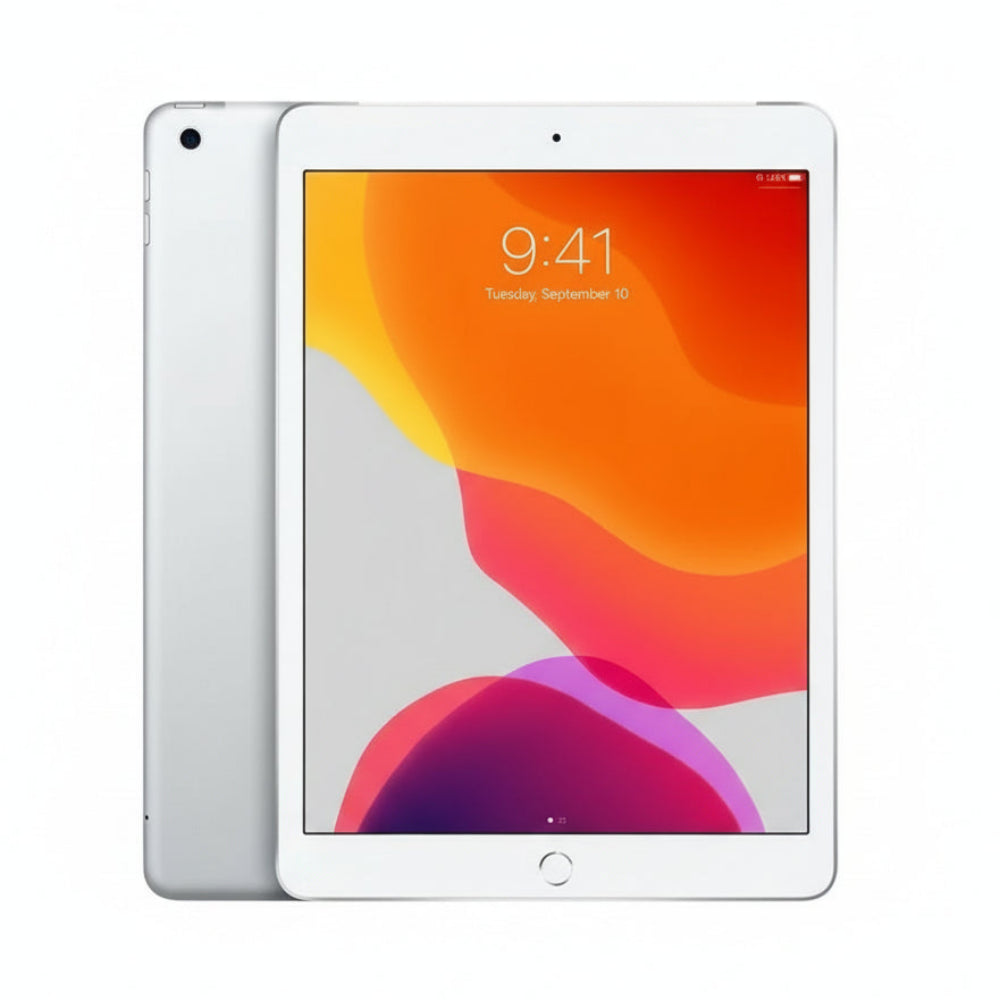 Refurbished iPad 7th Gen (Silver) – front/back split image, clean aluminium back