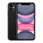 Refurbished unlocked Black iPhone 11 64GB – front-facing view, screen on