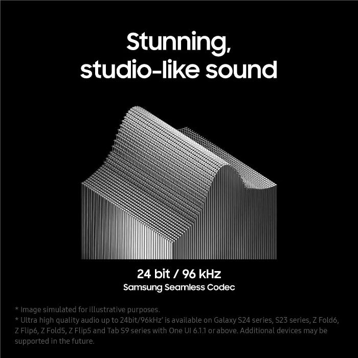 Advertisement for Samsung's audio quality with text 'Stunning, studio-like sound' and technical specifications.