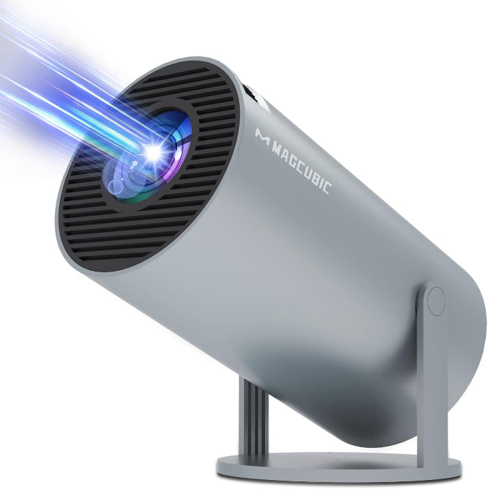 A gray Magcubic HY300 Pro portable 4K decoding projector with a visible lens and logo, mounted on a stand.