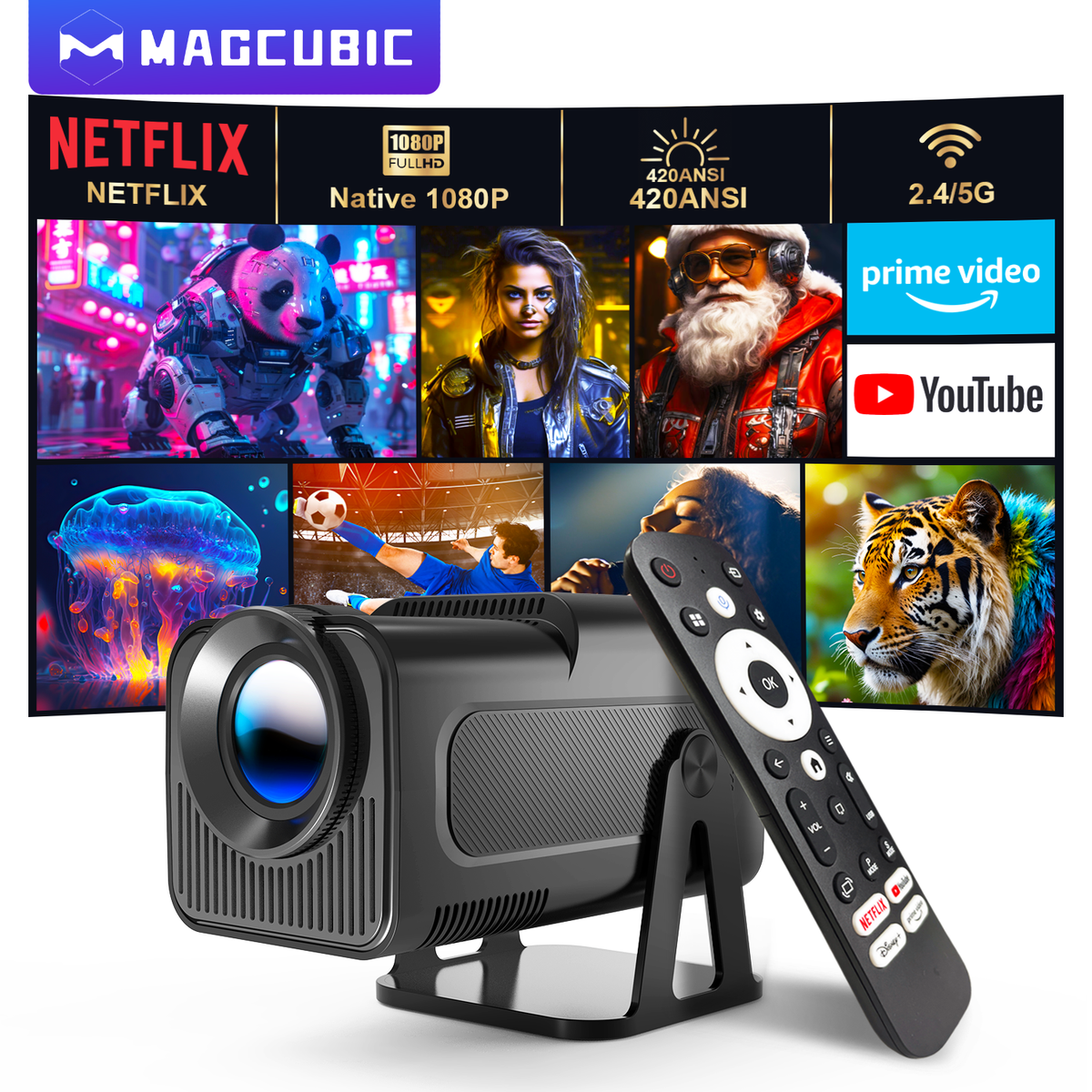 Overhead view of Magcubic HY320 NTV projector next to laptop and game console

