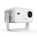 A white Magcubic projector with the lens on the left side, visible HDMI, USB, and Wi-Fi ports, with a compact and portable design.