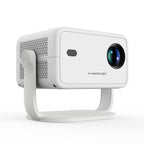 A white Magcubic projector with the lens on the left side, visible HDMI, USB, and Wi-Fi ports, with a compact and portable design.