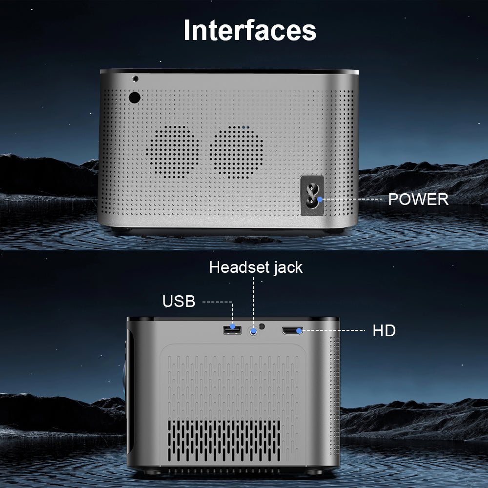 Overhead shot of Magcubic HY350 Pro on table with power and HDMI cables connected

